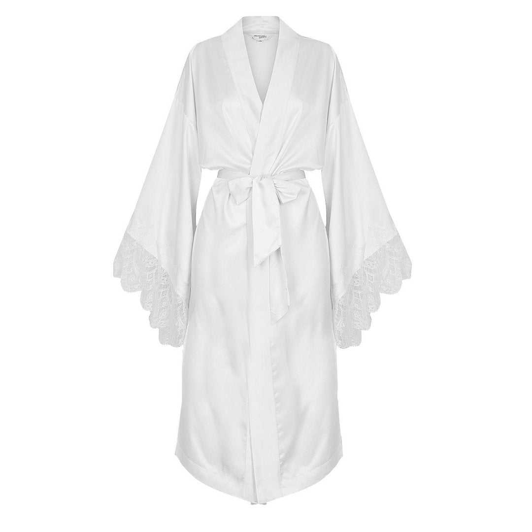 Personalized dressing gown with lace sleeves White bridal wedding robe Viscose getting offers ready women bathrobe