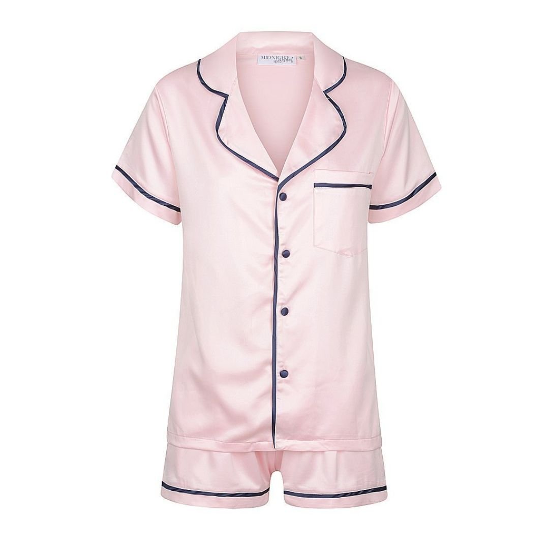 Wholesale Nude Pink Short Sleeve Piped Satin Pyjama Set