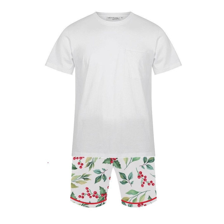 Men's Satin Personalised Pyjama Set - Cotton Shirt with Mistletoe Print Shorts