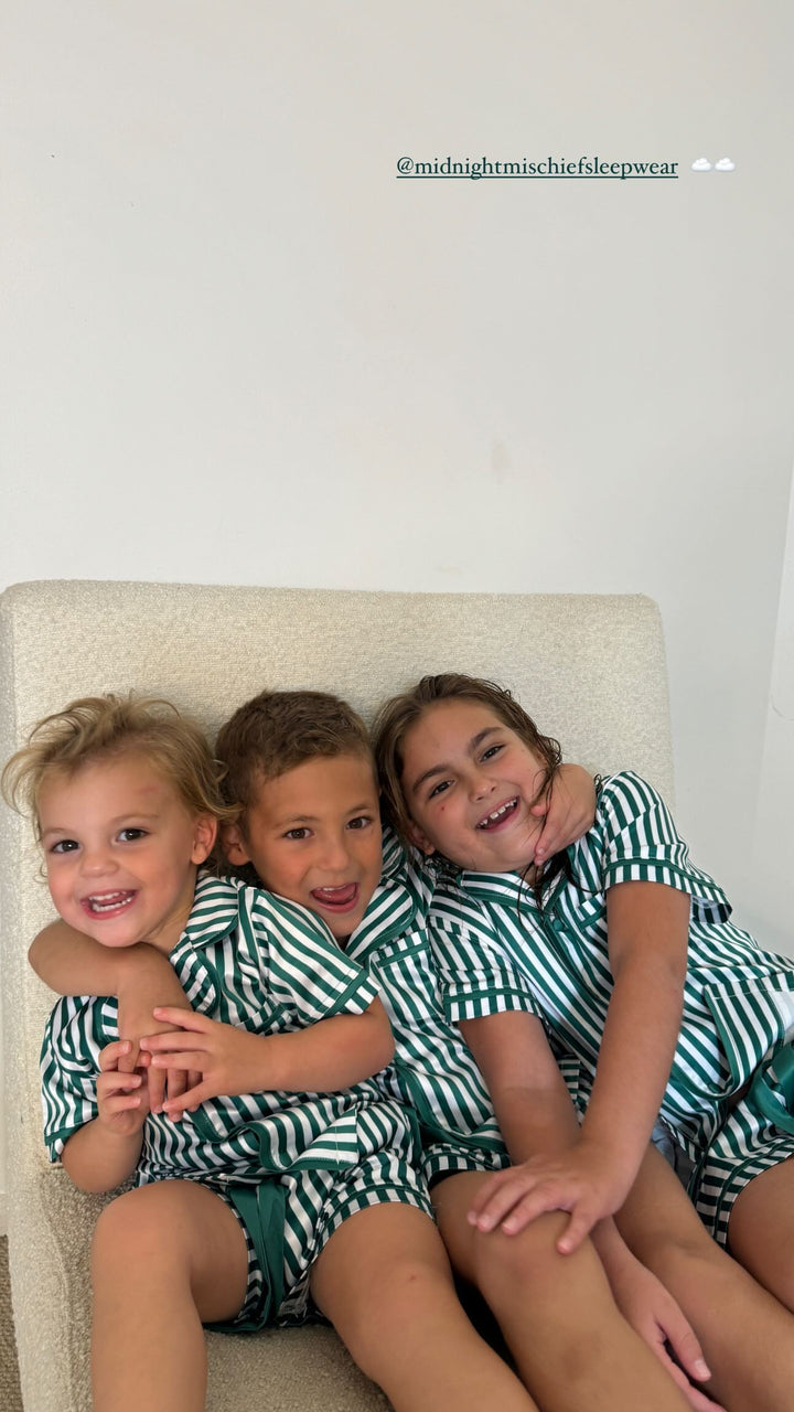 Kids Satin Personalised Pyjama Set - Green/White Stripes