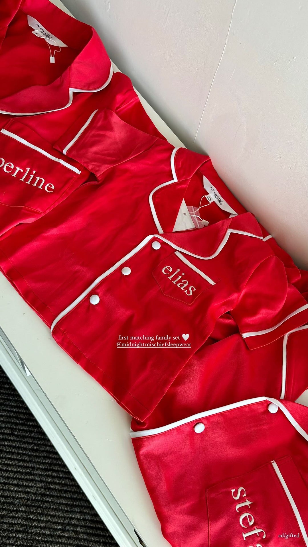 Satin Personalised Pyjama Set - Short Sleeve Red/White