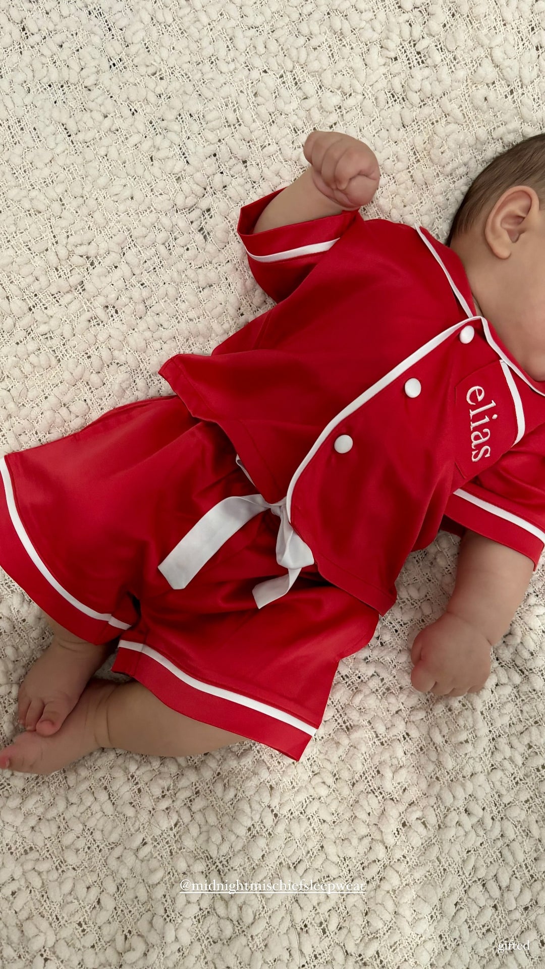 Kids Satin Personalised Pyjama Set - Short Sleeve Red/White