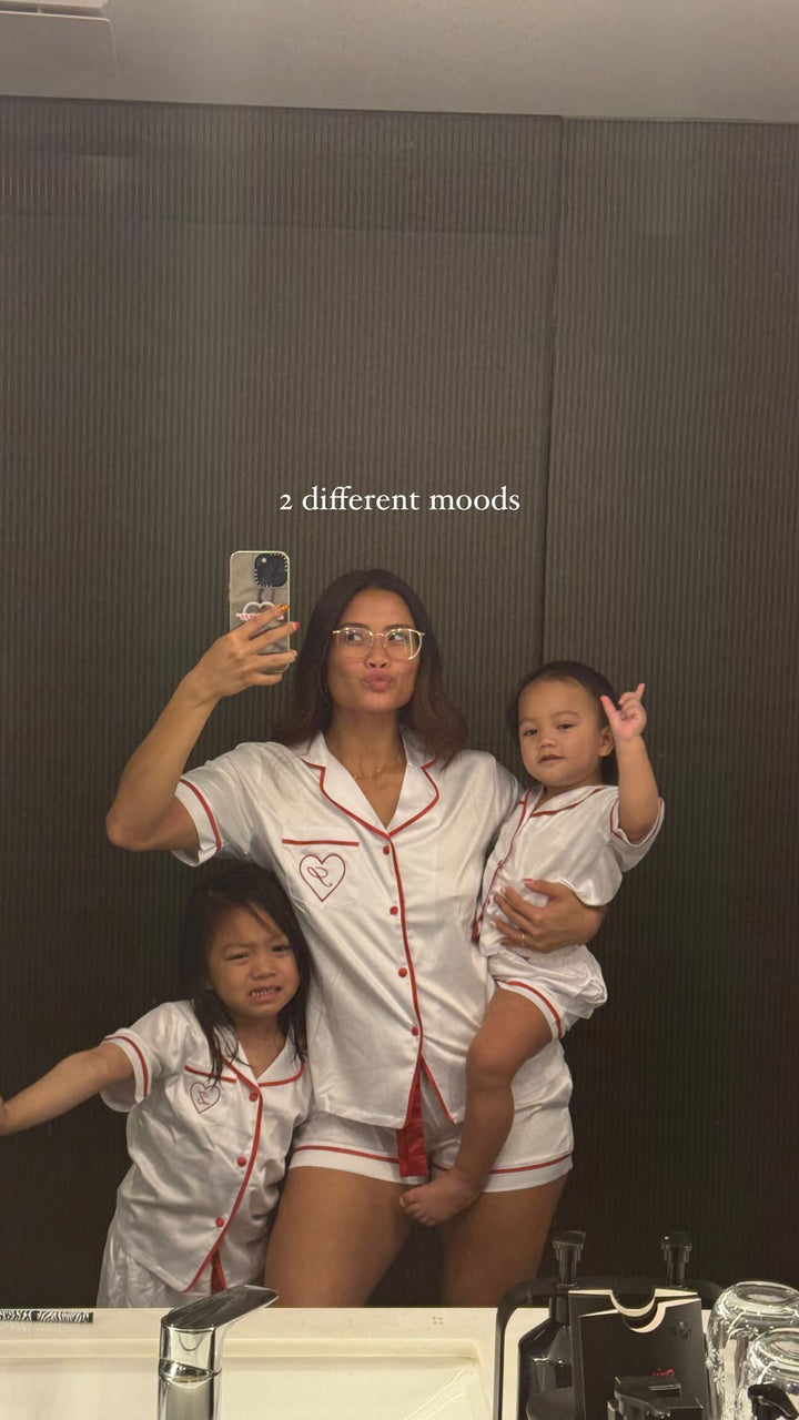Kids Satin Personalised Pyjama Set - Short Sleeve White/Red