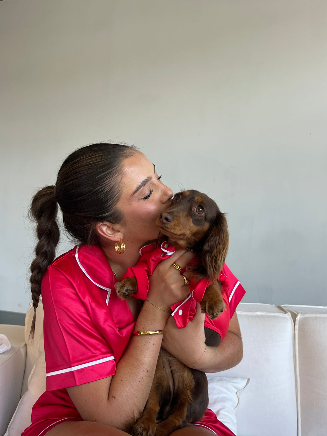 Satin Dog Pyjama Shirt - Red/White