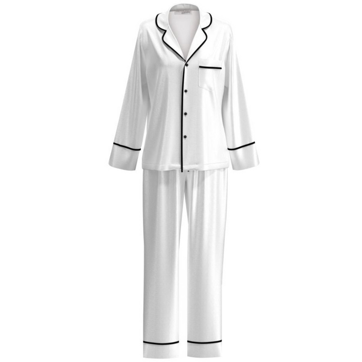 Satin Personalised Pyjama Winter Set - Long Sleeve & Long Pants White/Black