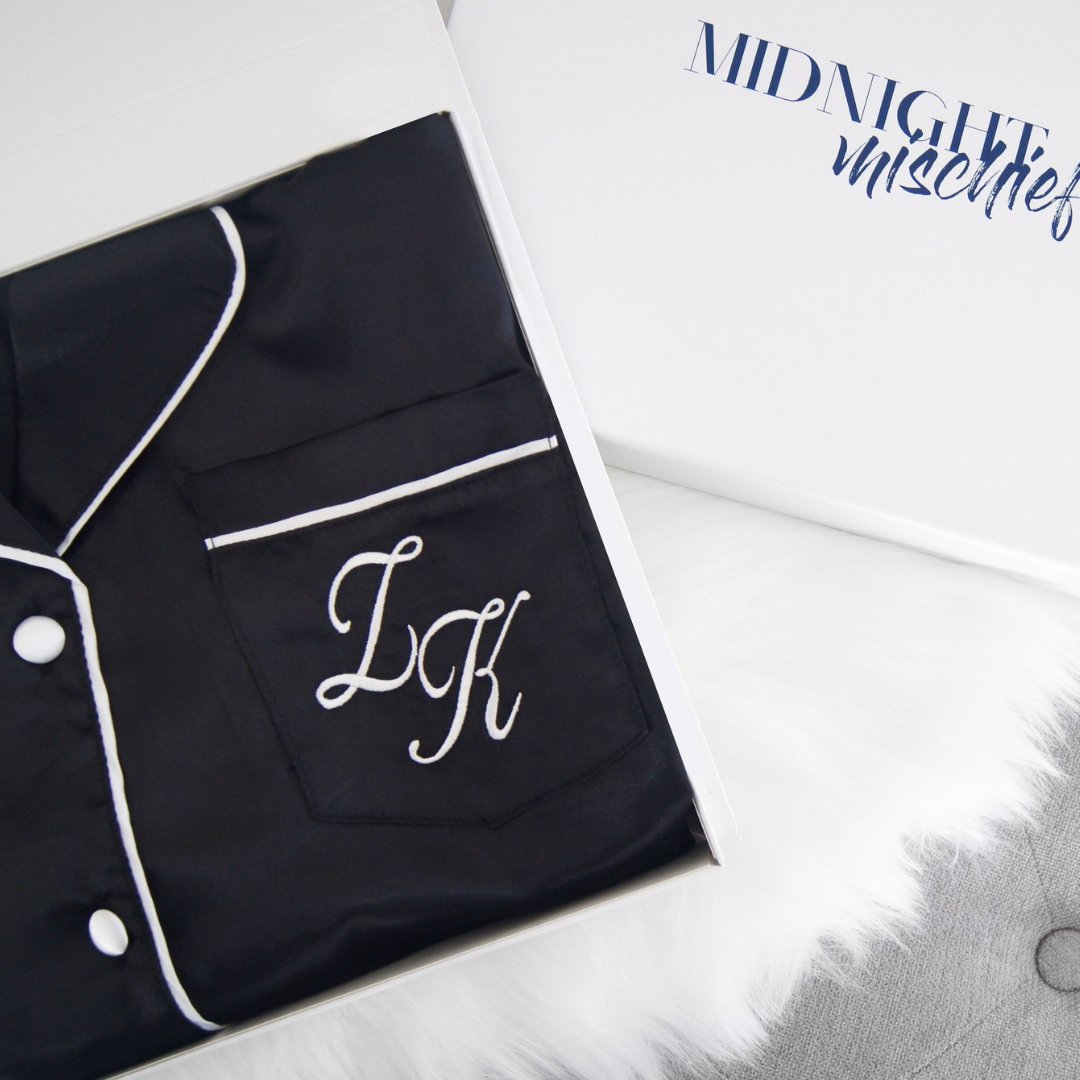 Satin Personalised Pyjama Winter Set - Long Sleeve & Long Pants Black/White