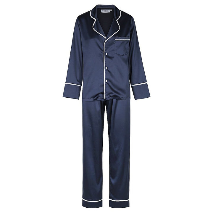 Men's Satin Personalised Pyjama Winter Set - Long Sleeve & Long Pants Navy/White