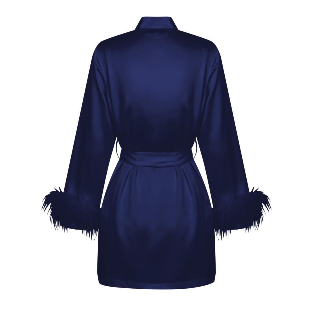 Navy Satin Feather Short Robe