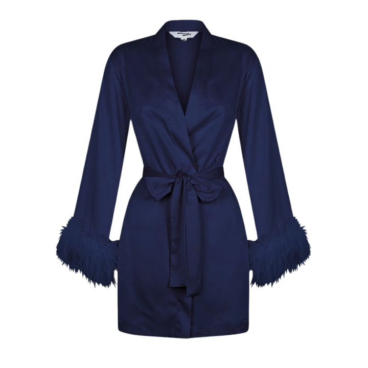 Navy Satin Feather Short Robe