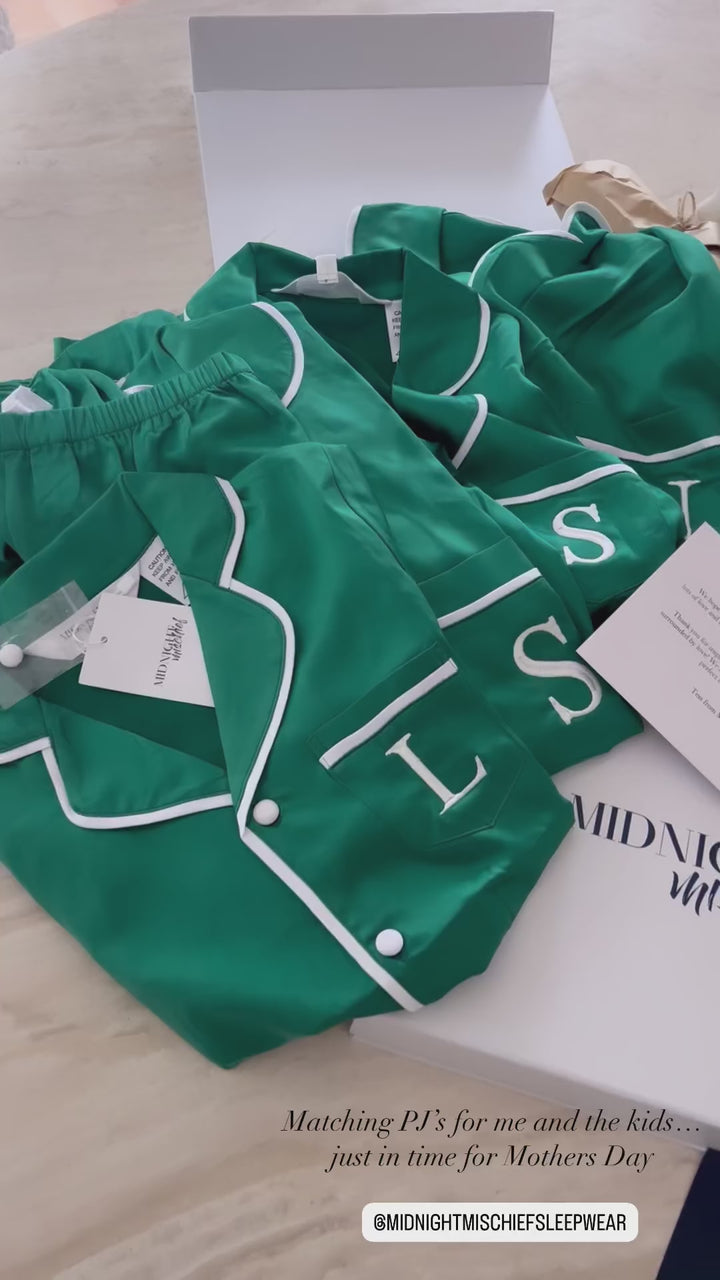 Satin Personalised Pyjama Set - Short Sleeve Emerald Green/White
