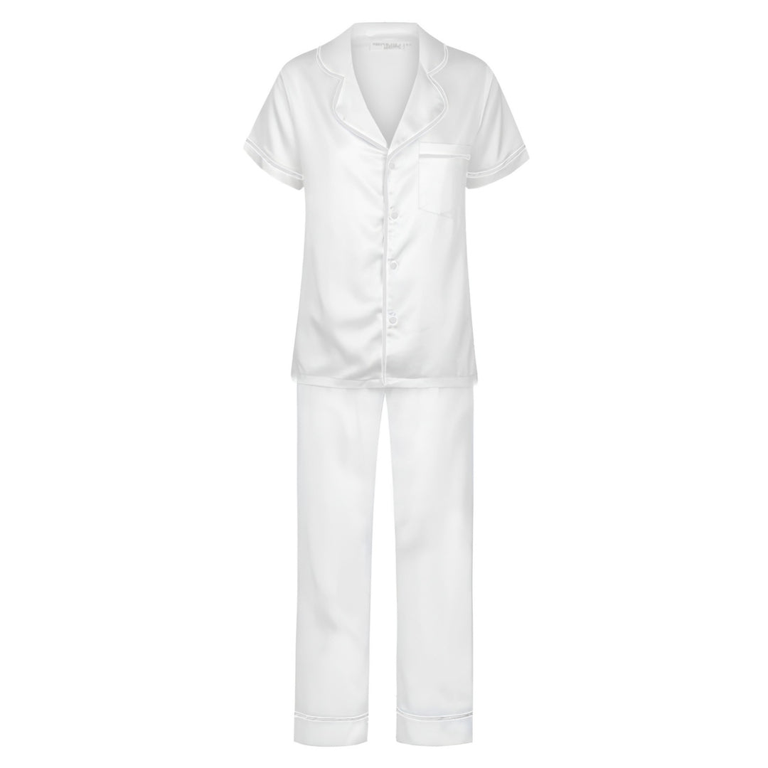 Satin Personalised Pyjama Set - Short Sleeve & Long Pants White/White