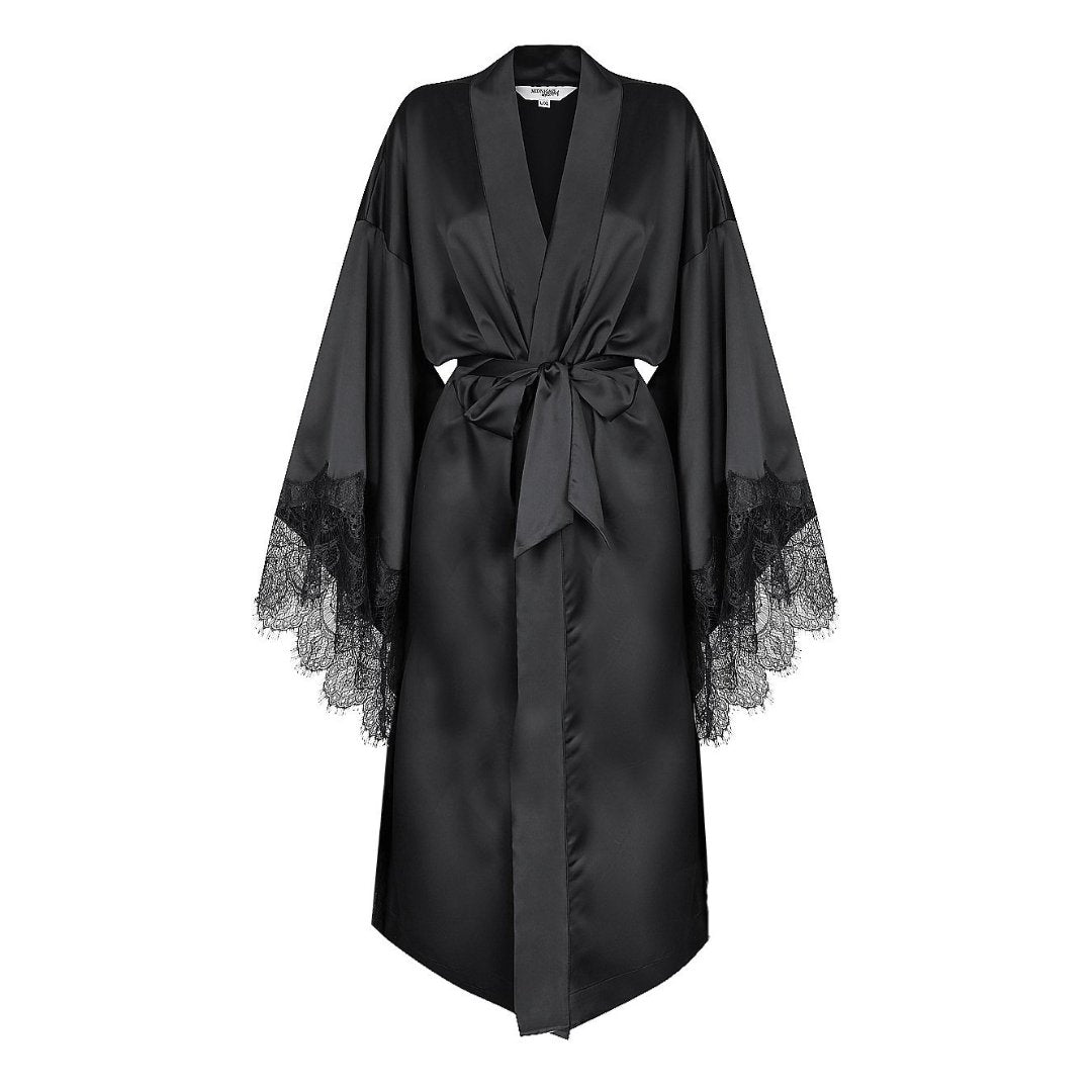 Satin Personalised Black Lace Long Robe - Black Lace Details – Midnight ...