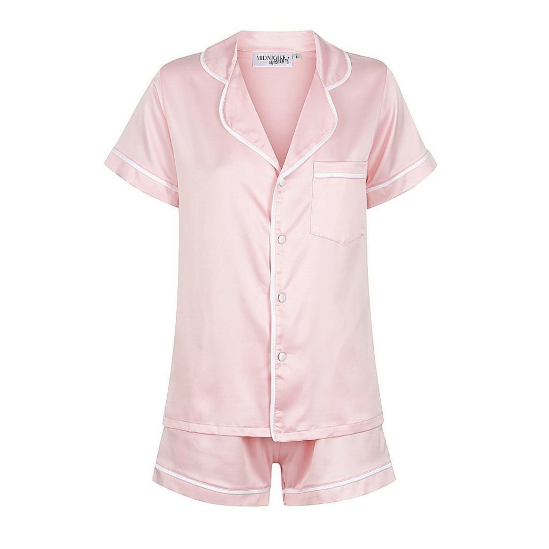 Satin Personalised Pyjama Set - Short Sleeve Bubble Gum Pink/White ...