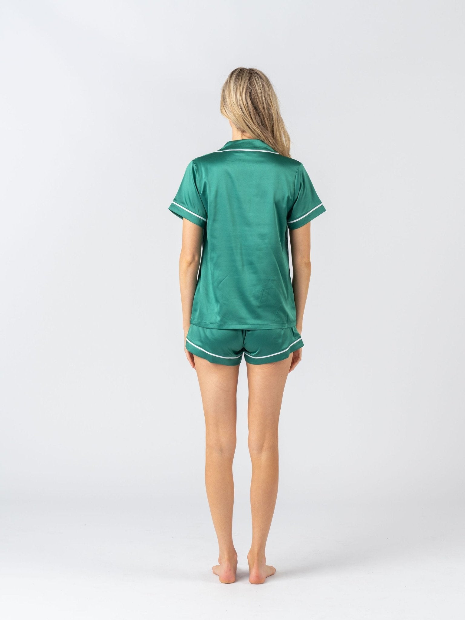 Satin Personalised Pyjama Set Short Sleeve Emerald Green White