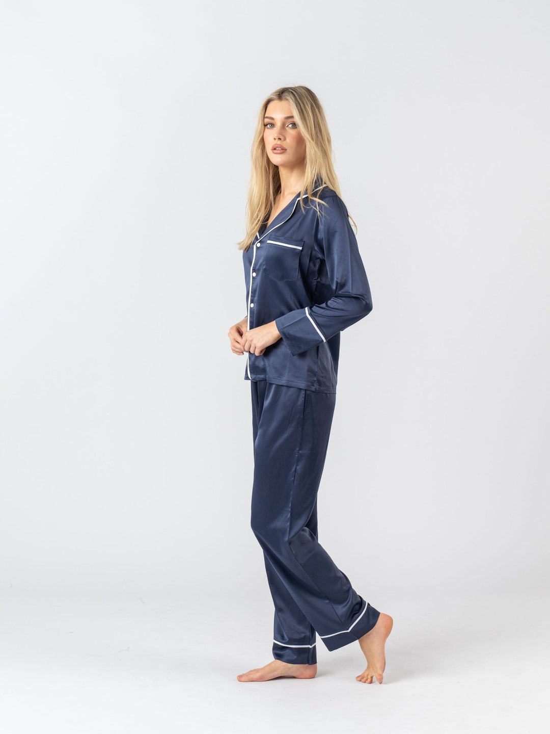 Satin Personalised Pyjama Winter Set - Long Sleeve & Long Pants Navy/W –  Midnight Mischief Sleepwear